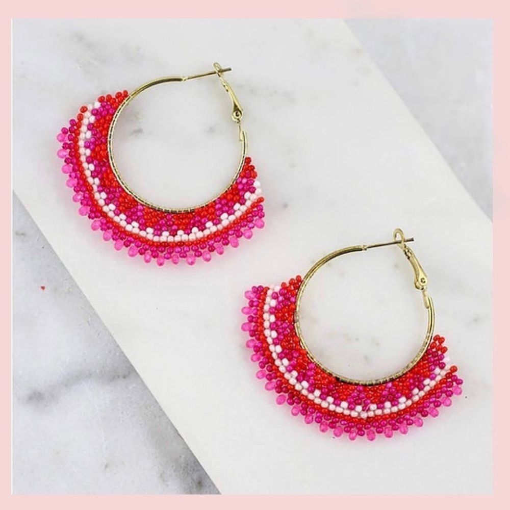 Seed Bead Wrap Hoop Earrings- Hot Pink & Red